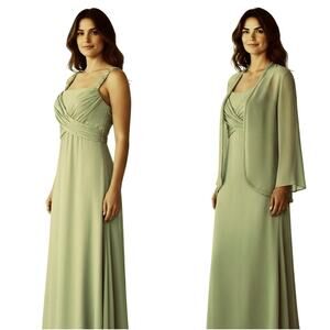 Mon Cheri Two Piece Formal Silk Chiffon Gown Jacket Dress Green Beaded Size 10